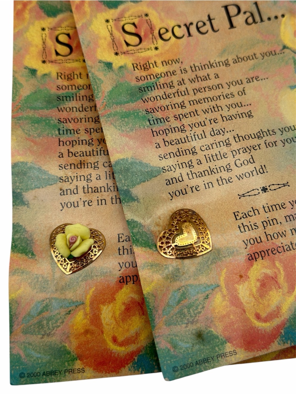 Vintage 2000 Abbey Press Secret Pal Heart Pin Brooch Lot of 2 Original Cards Y2K